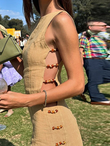 MQTIME  -  Vintage Hollow Out Women’s Short Dresses Chic Round Neck Backless Female A-line Vestidos Summer High Street Lady Robes Holiday